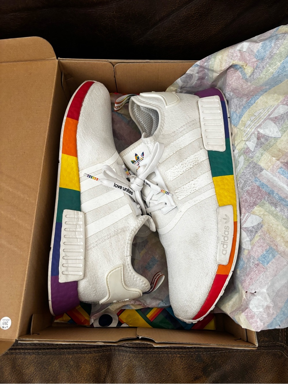 adidas Men’s 13 White NMD R1 Pride Sneakers with Rainbow Accents